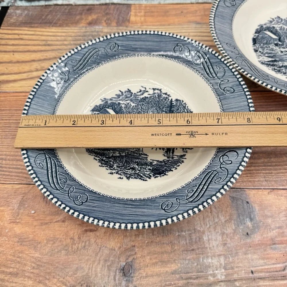 Currier Ives Early Winter Cereal Soup Bowls Set of 2 Royal China Blue White READ